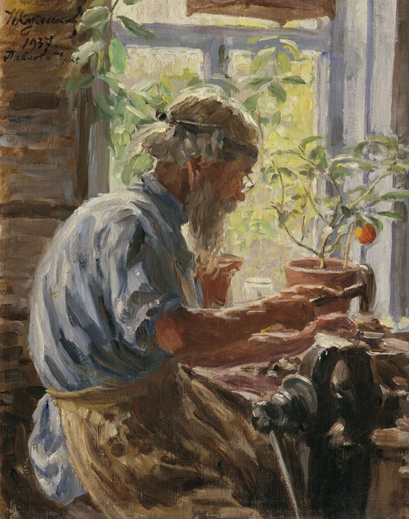 И. С. Куликов, «Павловский кустарь», 1937. На подоконнике — цитрусовое деревце с плодом