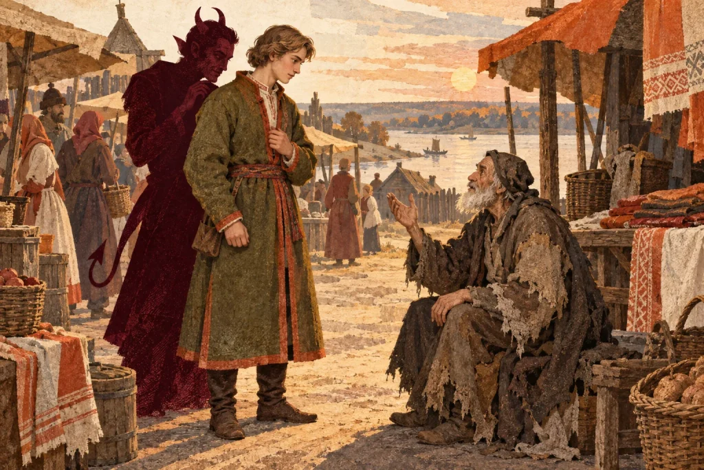 Книжная иллюстрация встречи героя со старцем на условном старинном торгу.